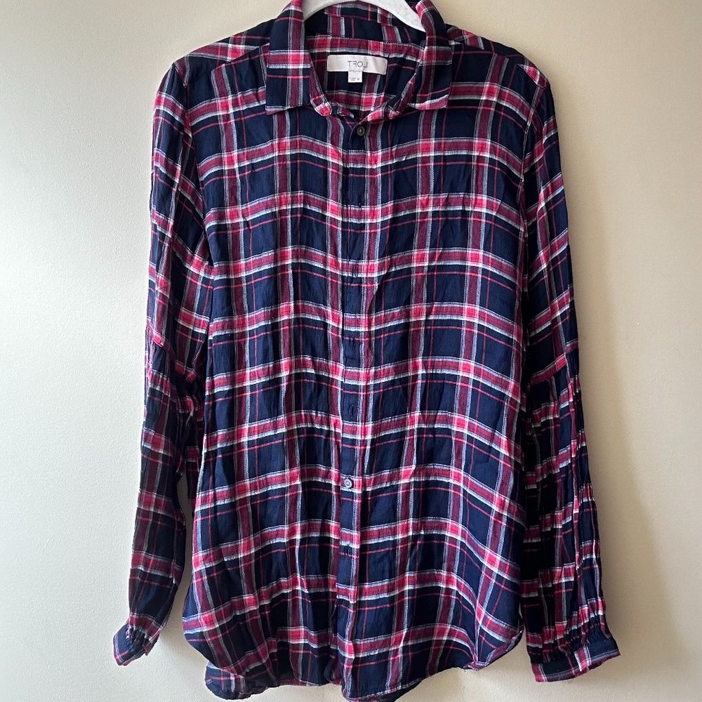LOFT Red and Navy Blue Lightweight Flannel Shirt